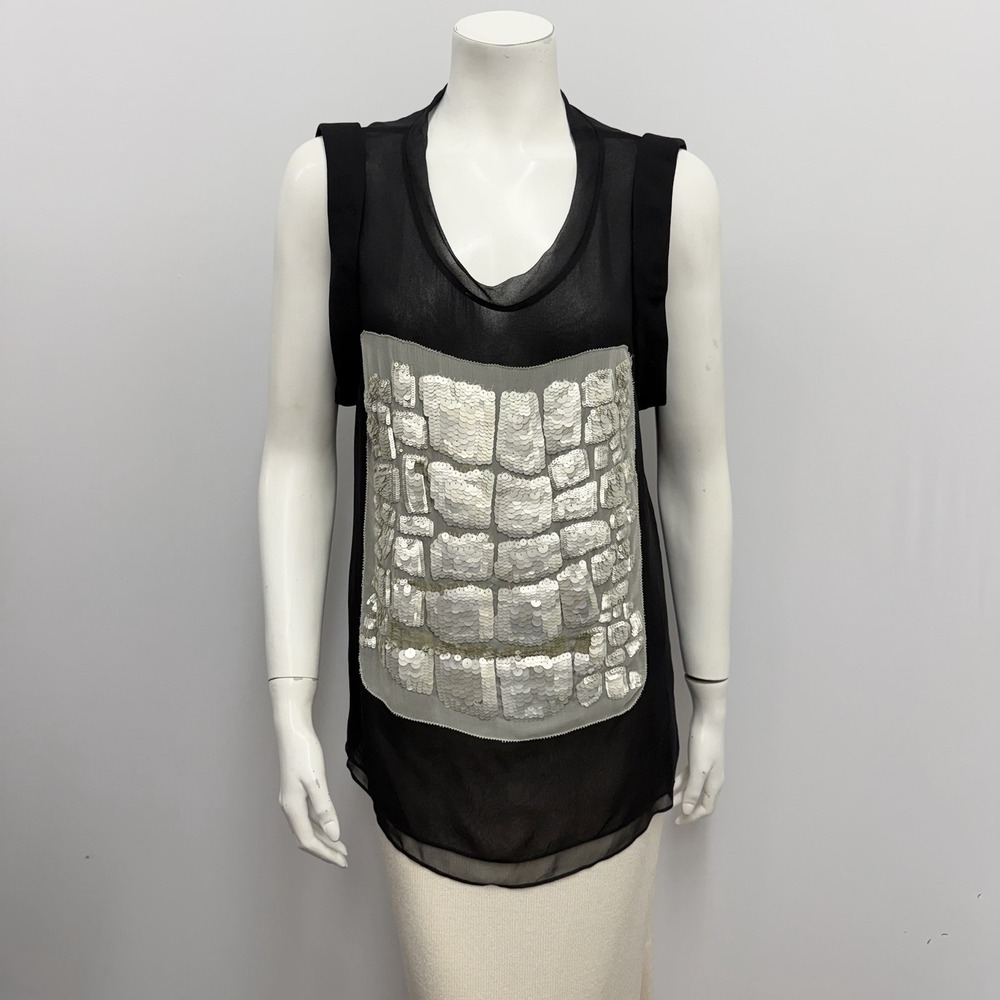 Phillip Lim 3.1 100% Silk Top Black Champagne Sequin Partly Sheer Size 10 Small